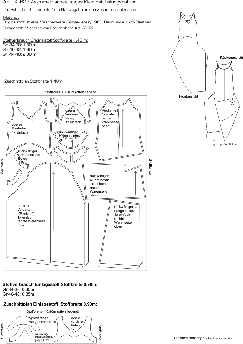 Preview: 02-627 asym. langes Kleid aus Jersey mit  Teilungsnähten