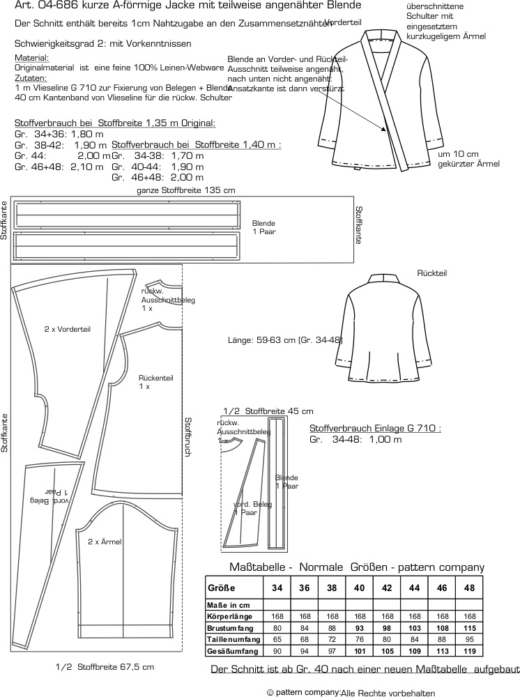 Preview: 04-686 kurze A-förmige Jacke mit teilweise angenähter Blende