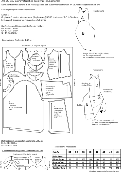 02-627 asym. langes Kleid aus Jersey mit  Teilungsnähten