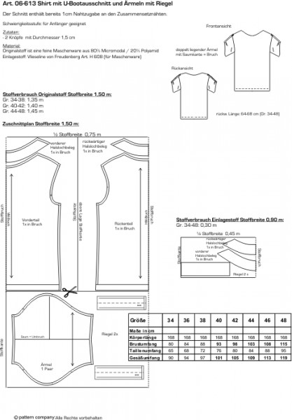 06-613 Shirt mit U-Boot-Ausschnitt + angeschnittenen Ärmeln + Lasche